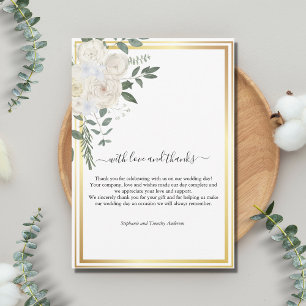 Tarjeta De Agradecimiento Bordado en Oro Rosas Blancas Vegetación Boda