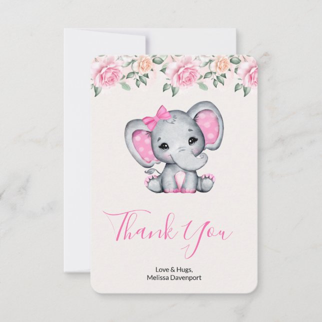 Tarjeta De Agradecimiento Borde de elefante bebé rosa y rosas (Anverso)