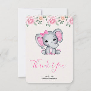 Tarjeta De Agradecimiento Borde de elefante bebé rosa y rosas