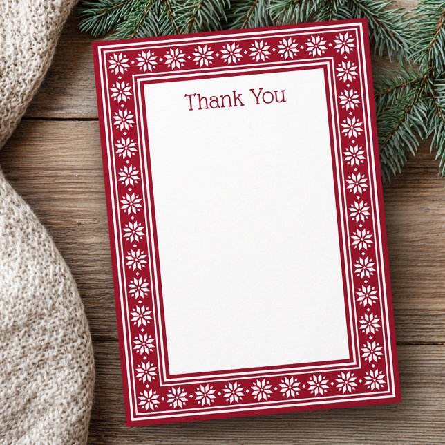Tarjeta De Agradecimiento borde de patrón de estrella escandinavo rojo oscur (Scandinavian star pattern border dark red blank thank you card)