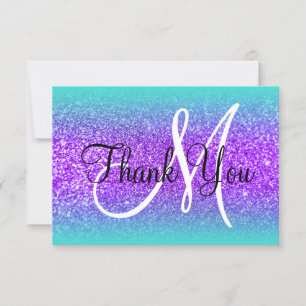 Tarjeta De Agradecimiento Borde de Turquesa Ombre Violeta Glitter Monograma