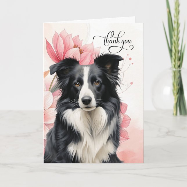 Tarjeta De Agradecimiento Border Collie Dog Soft Pink Botanical Blooms (Anverso)