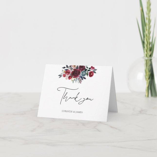 Tarjeta De Agradecimiento Borgoña acuarela Boda floral ducha de novia (Anverso)