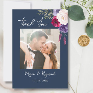 Tarjeta De Agradecimiento Borgoña azul marino y Boda floral moderno Rubor
