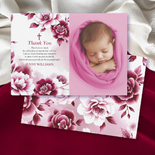 Tarjeta De Agradecimiento Borgoña chica de acuarela floral Baptismo foto