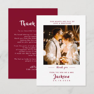 Tarjeta De Agradecimiento Borgoña elegante con Boda de fotos
