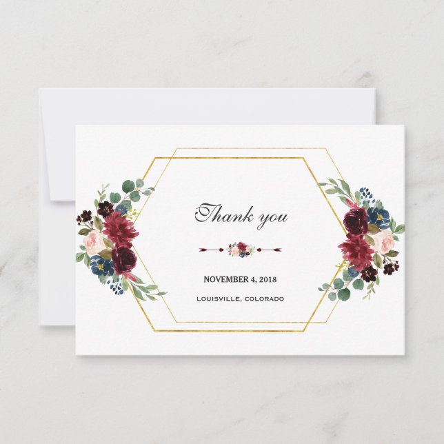 Tarjeta De Agradecimiento Borgoña Floral Gold Hexagon Frame (Anverso)