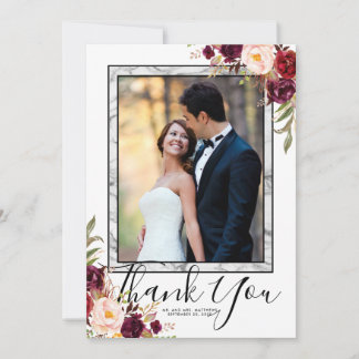 Tarjeta De Agradecimiento Borgoña Floral Gray Marble Script Boda de foto