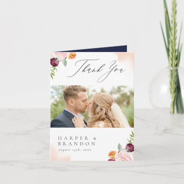 Tarjeta De Agradecimiento Borgoña Marina Rosa Floral Botánica Gracias (Anverso)