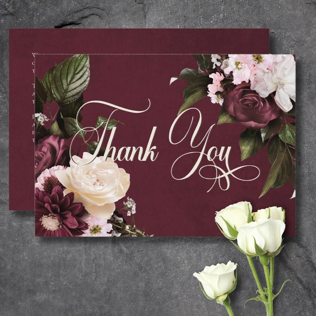 Tarjeta De Agradecimiento Borgoña oscura y Boda floral crema (Dark Elegant Burgundy & Cream Floral Wedding Thank You Card)