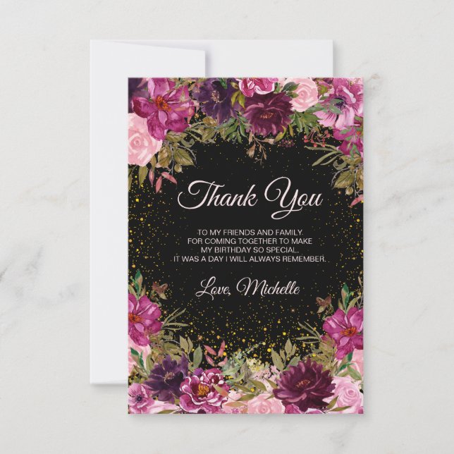 Tarjeta De Agradecimiento Borgoña Purpurina floral rosa negro cumpleaños (Anverso)