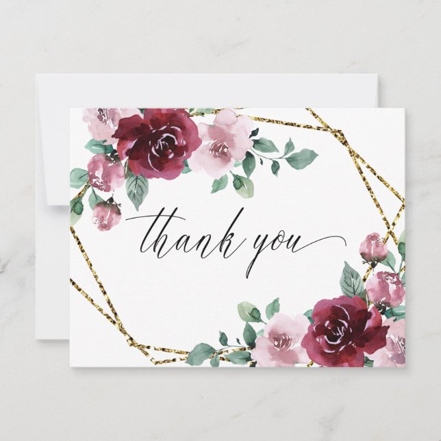 Tarjeta De Agradecimiento Borgoña Rosa  Boda Relieve metalizado dorado flora (Anverso)