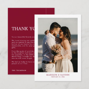 Tarjeta De Agradecimiento Borgoña simple moderna con Boda de fotos
