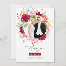 Tarjeta De Agradecimiento Borgoña y el Collage de fotos Boda floral de Rubor