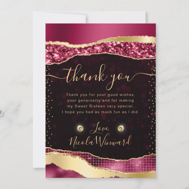 Tarjeta De Agradecimiento Borgoña y oro Glam Lágrimas Bokeh Dulce Dieciséis (Anverso)
