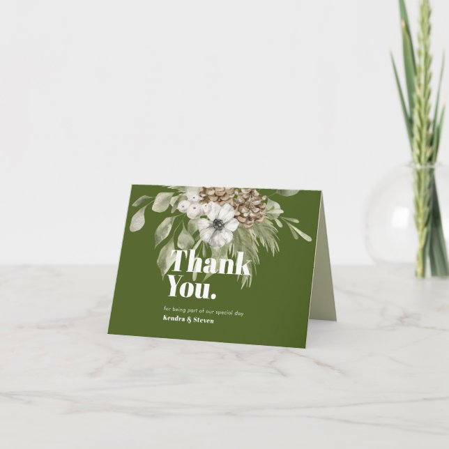 Tarjeta De Agradecimiento Bosque de invierno verde y blanco Bouquet moderno (Anverso)