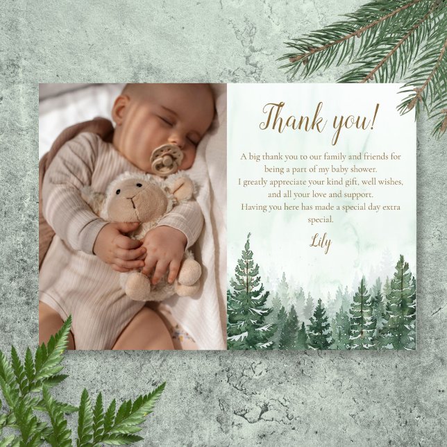Tarjeta De Agradecimiento Bosque de Pinos Rústicos Fiesta de Bebé Foto (Rustic Pine Tree Forest Baby Shower Photo Thank You Card)