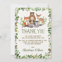 Tarjeta De Agradecimiento Bosque de Woodland Animales Baby Shower Greenery