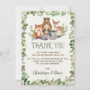 Tarjeta De Agradecimiento Bosque de Woodland Animales Baby Shower Greenery