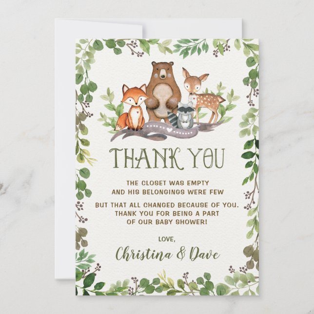 Tarjeta De Agradecimiento Bosque de Woodland Animales Baby Shower Greenery (Anverso)