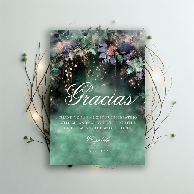 Tarjeta De Agradecimiento Bosque Encantado Vinca de la Tierra del Bosque Qui (enchanted forest quinceanera thank you card watercolor princess dress periwinkle emerald green)