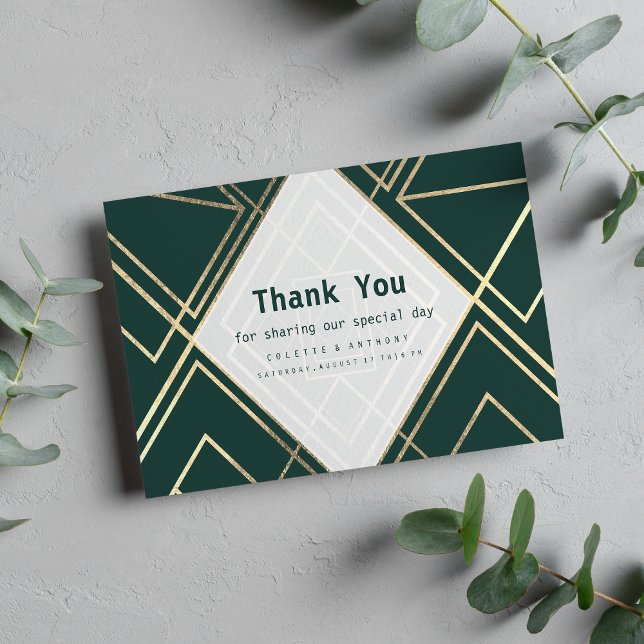 Tarjeta De Agradecimiento Bosque geométrico oro verde oro moderno Gracias (Geometrical forest green gold modern Thank you)