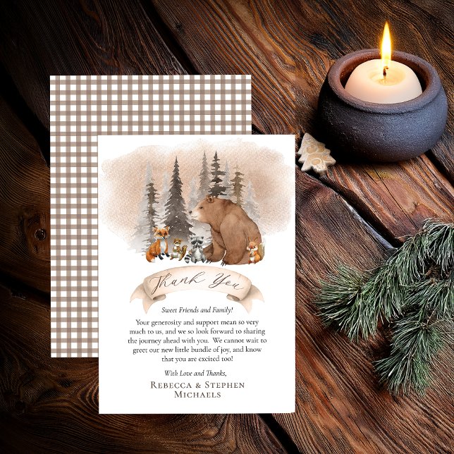 Tarjeta De Agradecimiento Bosque Oso |Animales Oso Esperando Muchacho Baby S (Rustic Woodland Bear and Forest Animals "Thank You" card - from "Bearly Wait" Collection)