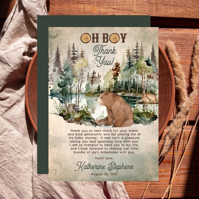 Tarjeta De Agradecimiento Bosque rústico de bosques Oh Boy Bear Baby Shower ("Oh Boy" Rustic Woodland Bear and Forest Animals Baby Shower "Thank You" Flat Card)