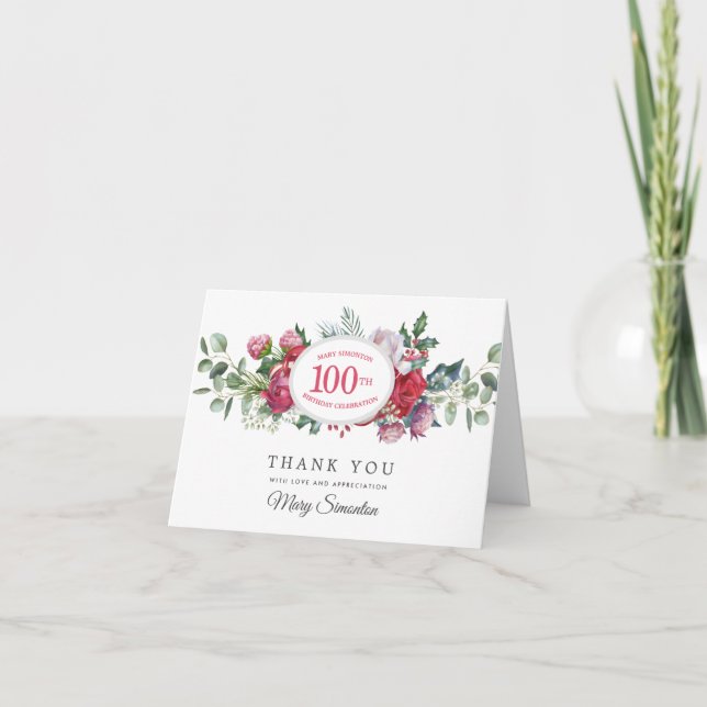 Tarjeta De Agradecimiento Botánica 100° cumpleaños de Red Rose Winter Gracia (Anverso)