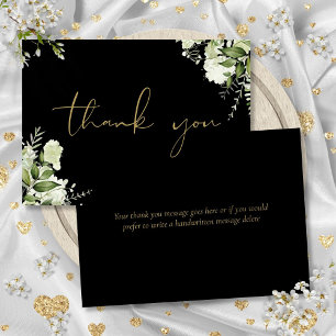 Tarjeta De Agradecimiento Botánica Elegante Verde Guión Negro Y Dorado