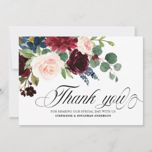 Tarjeta De Agradecimiento Botánica Rubor de la Marina Borgoña Rosa Florals