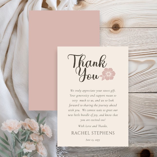 Tarjeta De Agradecimiento Botanical Baby Shower Thank You Card Blush Pink (Elegant botanical baby shower thank you card with pink floral accent on neutral background )