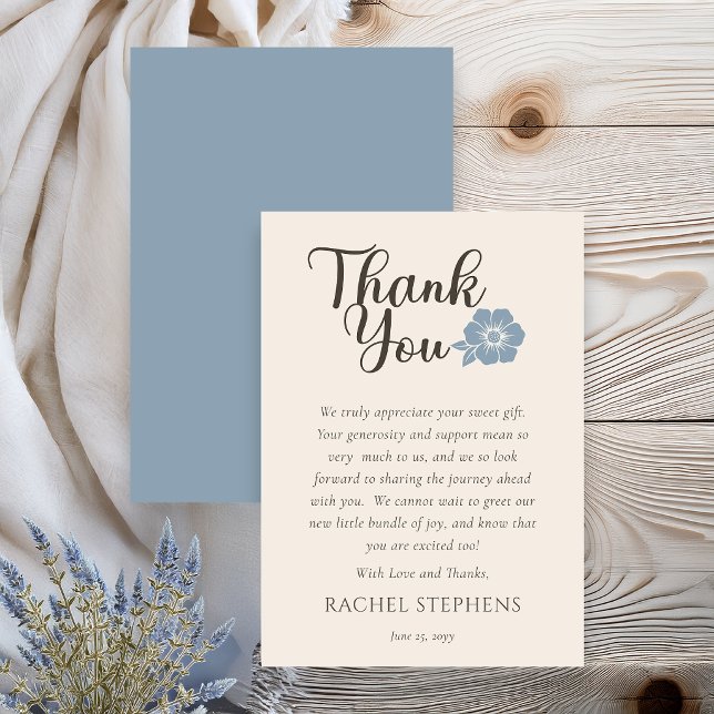 Tarjeta De Agradecimiento Botanical Baby Shower Thank You Card Sage Blue (Elegant botanical baby shower thank you card with blue sage floral accent on neutral background)