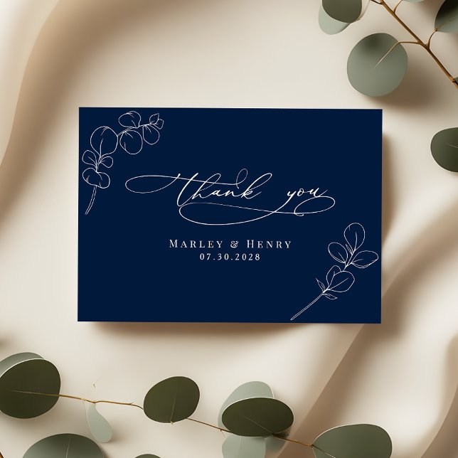 Tarjeta De Agradecimiento Botanical Eucalyptus Leaves Navy Blue Wedding (Subido por el creador)