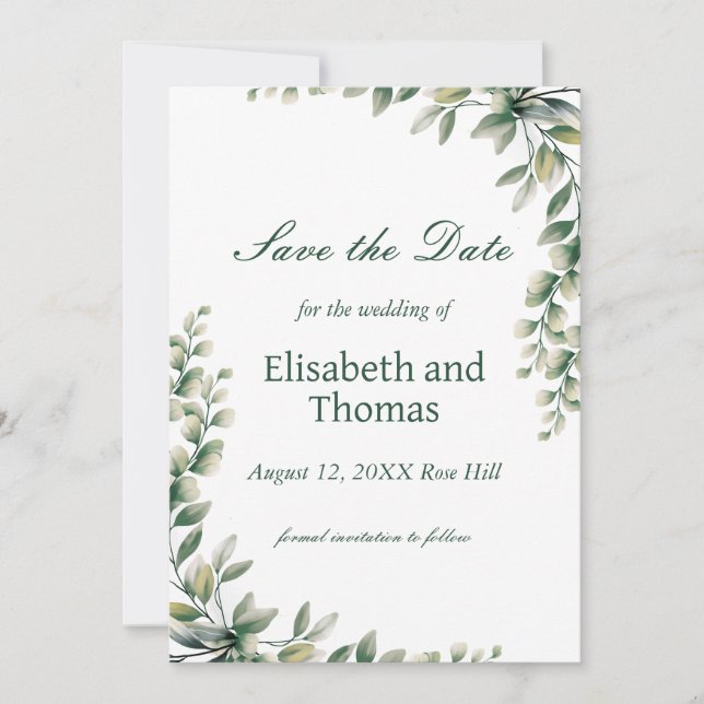 Tarjeta De Agradecimiento Botanical eucalyptus leaves save the date card (Anverso)