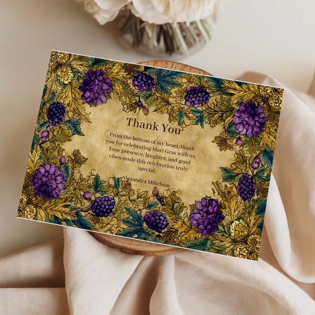 Tarjeta De Agradecimiento Botanical Grape Mardi Gras Masquerade (Subido por el creador)