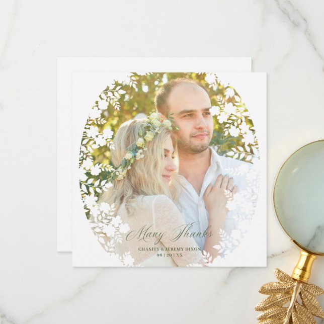Tarjeta De Agradecimiento Botanical Sophisticated Frame Photo Wedding (Anverso/Reverso In Situ)