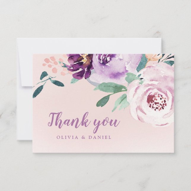 Tarjeta De Agradecimiento Botánico florecido floral púrpura acuarela (Anverso)