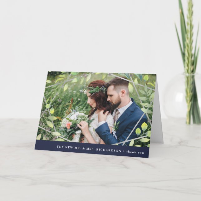 Tarjeta De Agradecimiento Botánico moderno| Silver Geo con foto Gracias (Anverso)