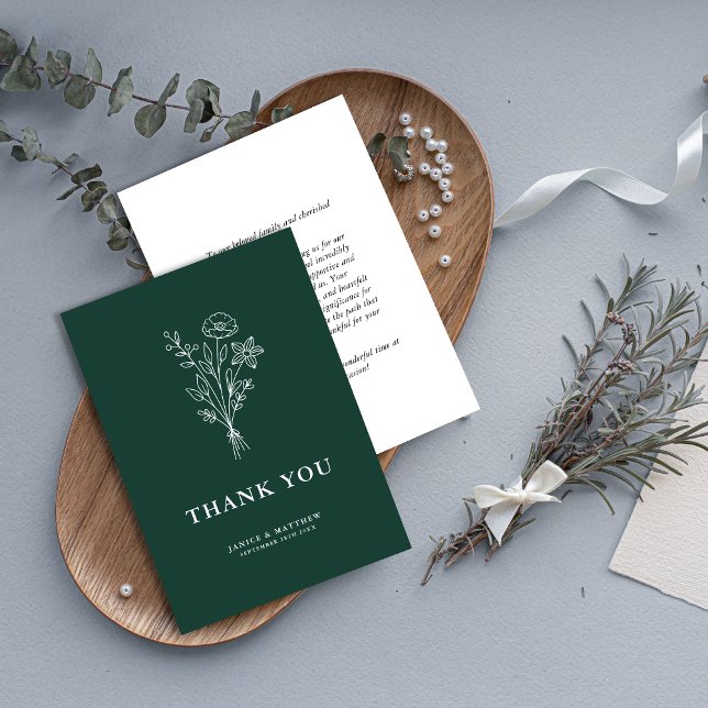 Tarjeta De Agradecimiento Botánicos Minimalistas Boho Esmeralda Boda (Boho minimalist emerald botanical thank you card adds warm elegance to your wedding gratitude notes)