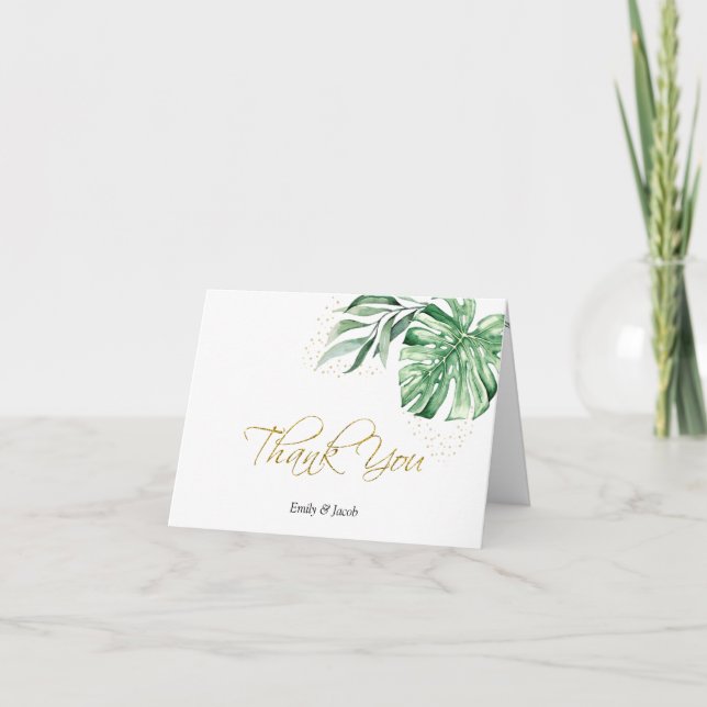 Tarjeta De Agradecimiento Botánicos y oro de Monstera Tropical | (Anverso)