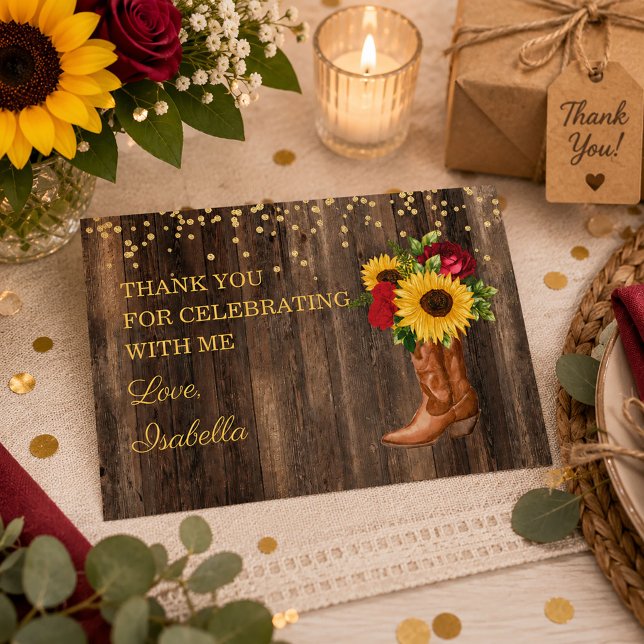 Tarjeta De Agradecimiento Botas de girasol rústico rosa roja Cumpleaños Grac (Rustic sunflowers, red roses, and cowgirl boots quinceañera thank you card)