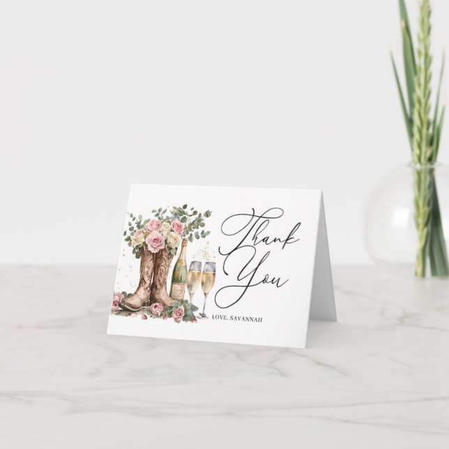 Tarjeta De Agradecimiento Botas y Burbujas Fiesta de Despedida de Soltera Rú (Anverso)