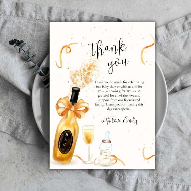Tarjeta De Agradecimiento Botellas Gold Elegant Poppin Botellas Champagne Ba (Gold Elegant Poppin Bottles Champagne Baby Shower Thank You Card)