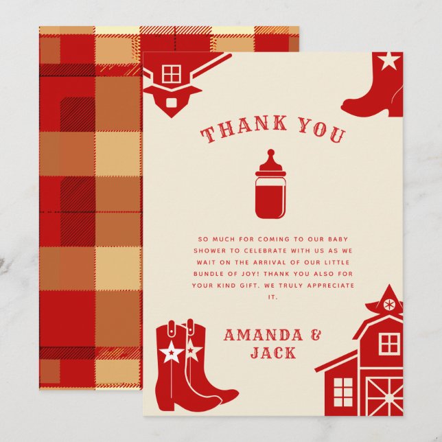 Tarjeta De Agradecimiento Botellas y boots Cowboy Retro Red Baby Shower (Anverso / Reverso)