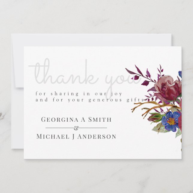 Tarjeta De Agradecimiento Bouquet Borgoña Floral Marina Azul PInk PAREJAS (Anverso)
