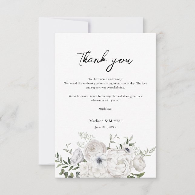 Tarjeta De Agradecimiento Bouquet floral elegante blanco y negro moderno (Anverso)