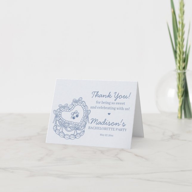 Tarjeta De Agradecimiento Bow azul retro coqueta tarta Bachelorette (Anverso)