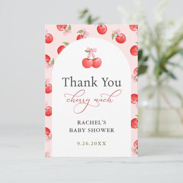 Tarjeta De Agradecimiento Bow Cherry en Top Baby Girl Shower (Anverso de pie)