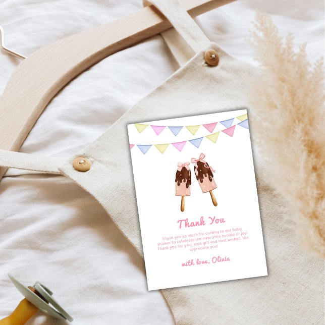 Tarjeta De Agradecimiento Bow de rosado lindo Crema de hielo Baby Shower (Cute Pink Popcicle Bow Ice Cream Baby Shower Thank You Card)